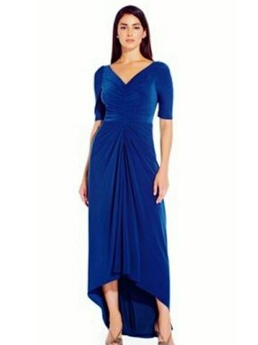 Adrianna Papell Ruched 3/4 Sleeve High-Low Gown